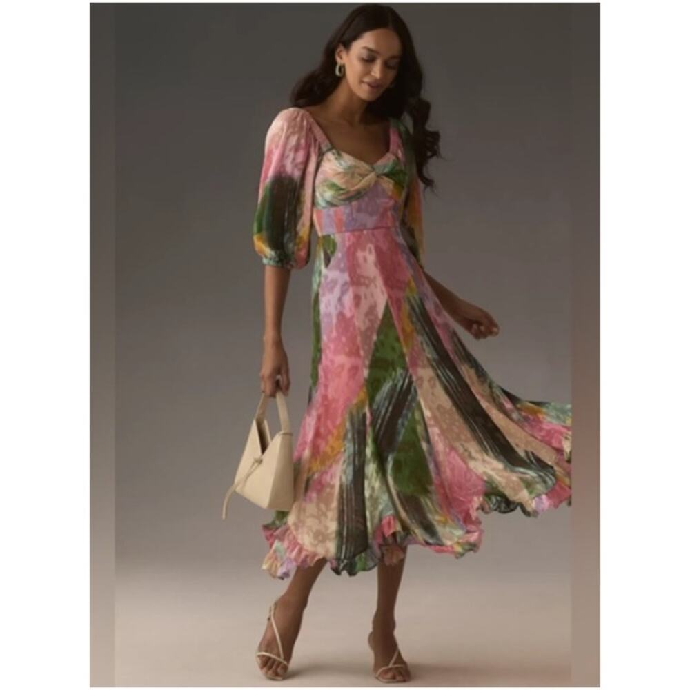 Anthropologie Hutch Ruffle Hem Dress XXS 2XS Rainbow Pastel Abstract Smocked